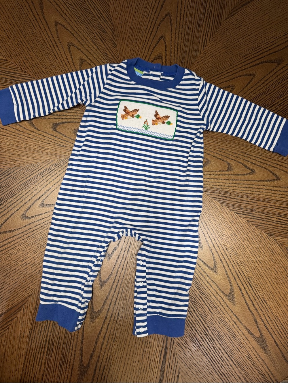 Velani Classics Blue and White Striped One-Piece Smocked Duck Romper 24M